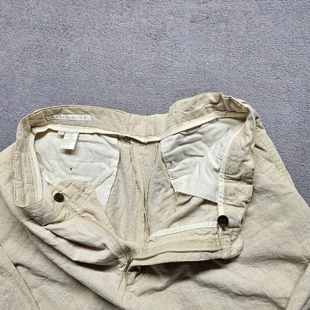 Perry Ellis Mens Beige Linen Cotton Pleated Straight Leg Trousers Size 34